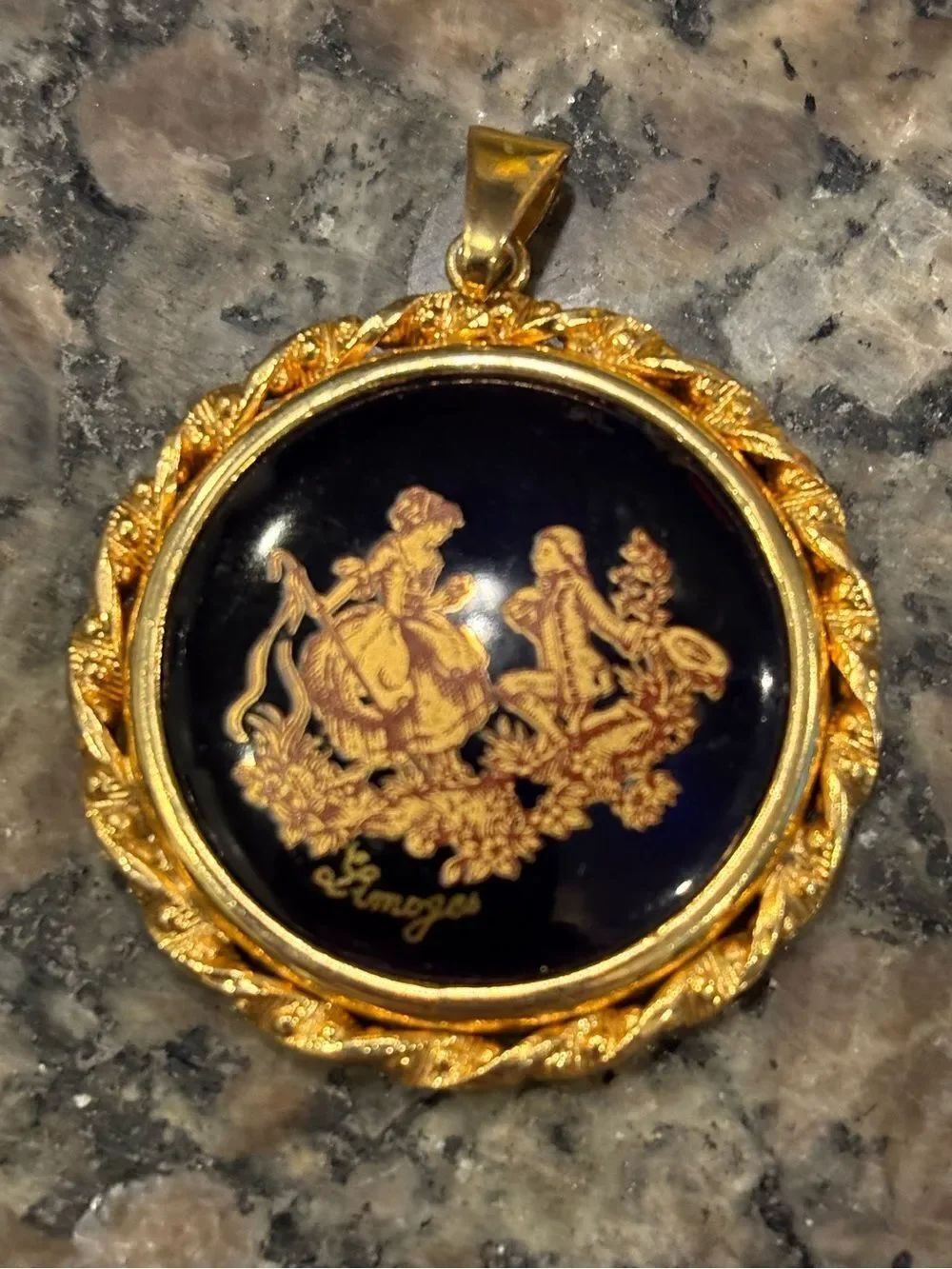 Limoges Courting Couple Black and Gold Figural Round Pendant